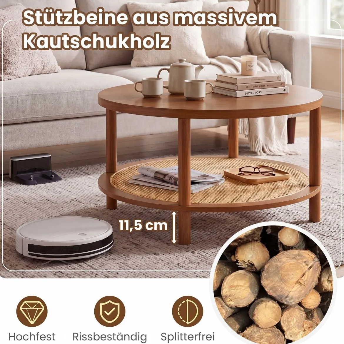 Couchtisch Rund Ø80 cm Wohnzimmertisch Holz mit Glasplatte PE-Rattan-Ablage & Massiven Holzbeinen