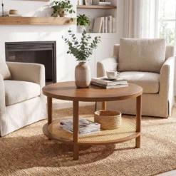 Couchtisch Rund Ø80 cm Wohnzimmertisch Holz mit Glasplatte PE-Rattan-Ablage & Massiven Holzbeinen