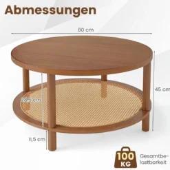 Couchtisch Rund Ø80 cm Wohnzimmertisch Holz mit Glasplatte PE-Rattan-Ablage & Massiven Holzbeinen