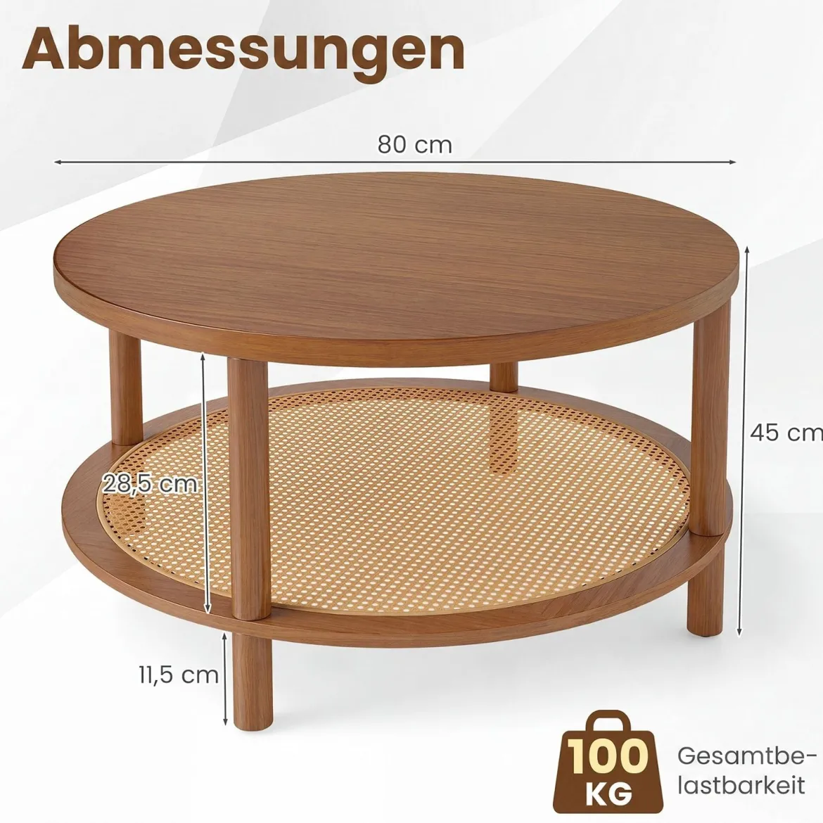 Couchtisch Rund Ø80 cm Wohnzimmertisch Holz mit Glasplatte PE-Rattan-Ablage & Massiven Holzbeinen