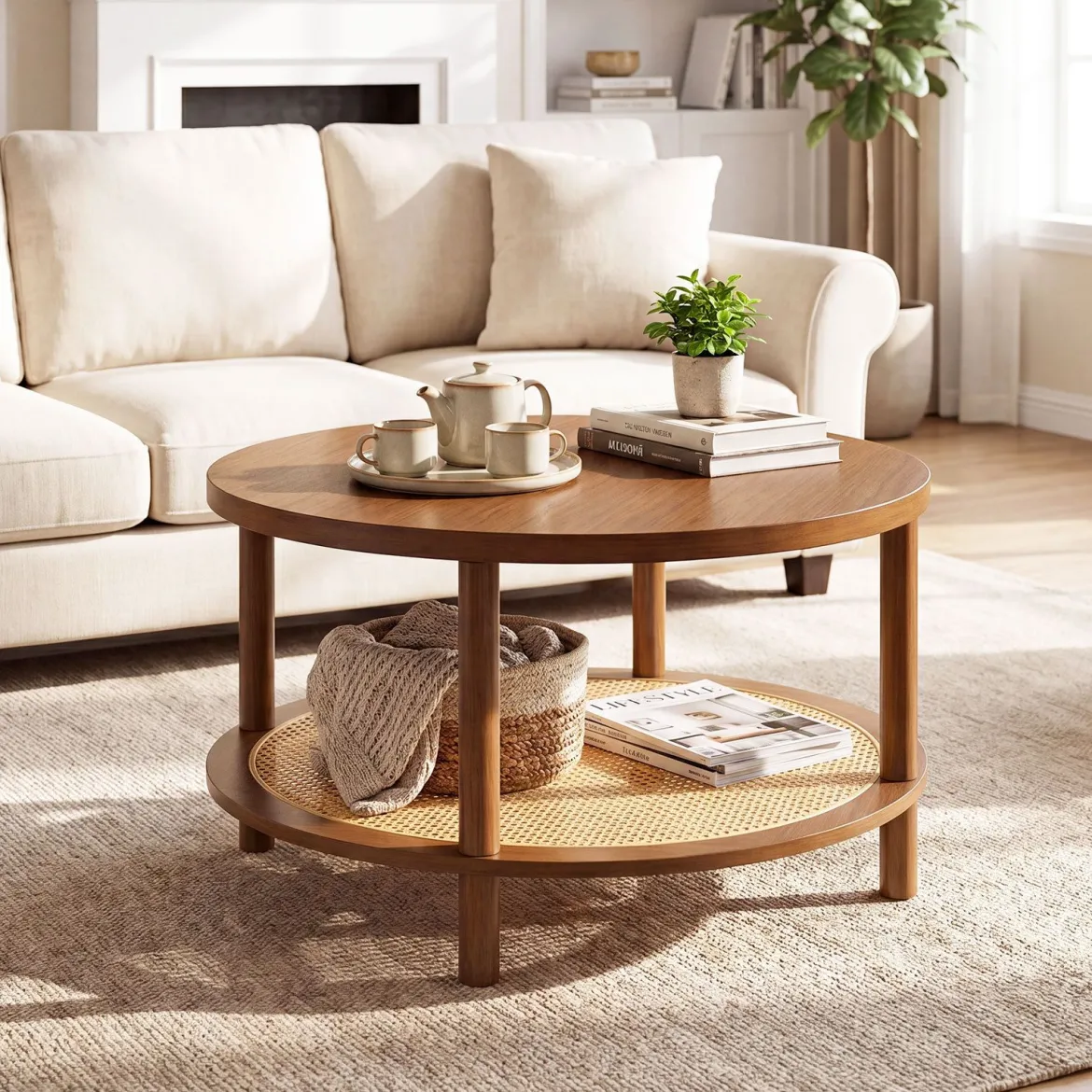 Couchtisch Rund Ø80 cm Wohnzimmertisch Holz mit Glasplatte PE-Rattan-Ablage & Massiven Holzbeinen