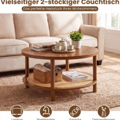 Couchtisch Rund Ø80 cm Wohnzimmertisch Holz mit Glasplatte PE-Rattan-Ablage & Massiven Holzbeinen