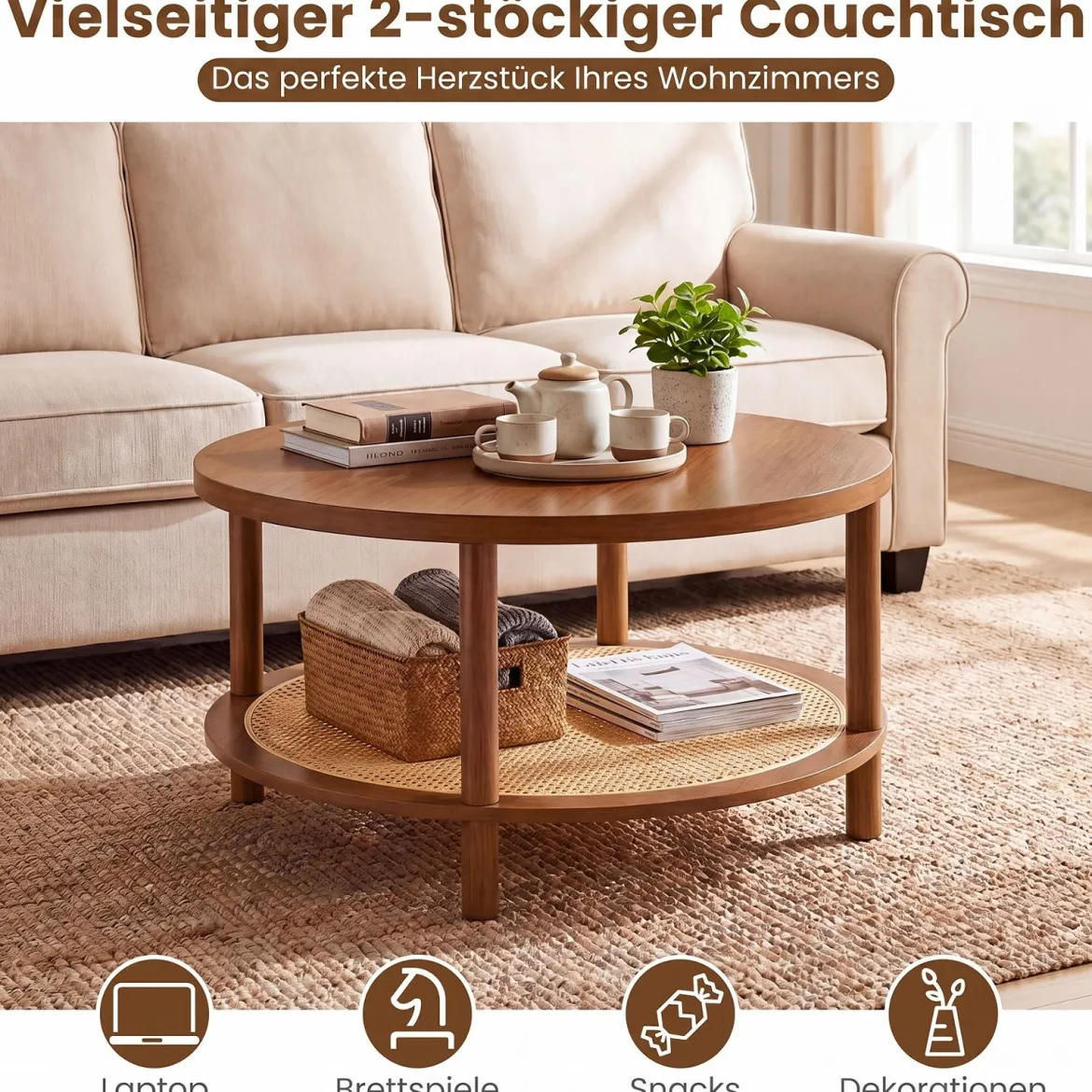 Couchtisch Rund Ø80 cm Wohnzimmertisch Holz mit Glasplatte PE-Rattan-Ablage & Massiven Holzbeinen