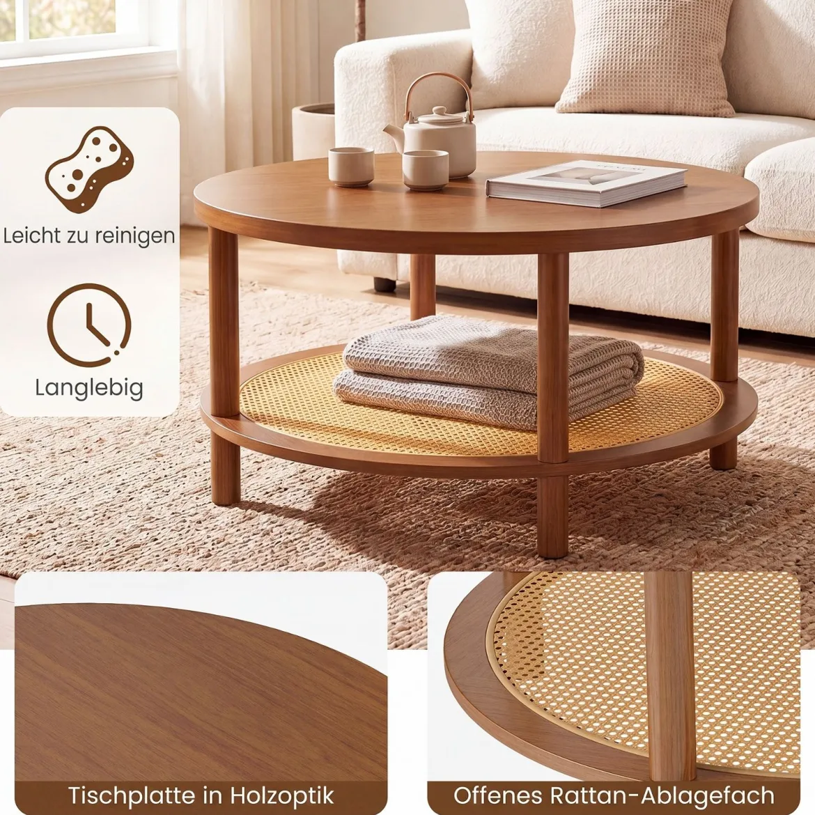Couchtisch Rund Ø80 cm Wohnzimmertisch Holz mit Glasplatte PE-Rattan-Ablage & Massiven Holzbeinen