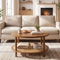 Couchtisch Rund Ø80 cm Wohnzimmertisch Holz mit Glasplatte PE-Rattan-Ablage & Massiven Holzbeinen