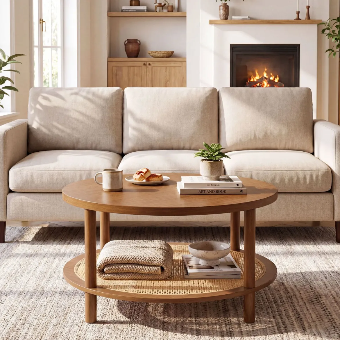 Couchtisch Rund Ø80 cm Wohnzimmertisch Holz mit Glasplatte PE-Rattan-Ablage & Massiven Holzbeinen