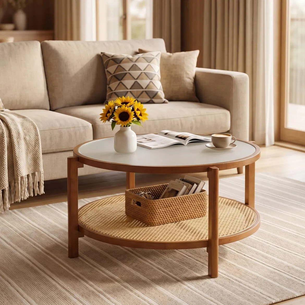 Couchtisch Rund 2-Ebenen Wohnzimmertisch Holz mit Glasplatte & Rattan Ablage Walnuss