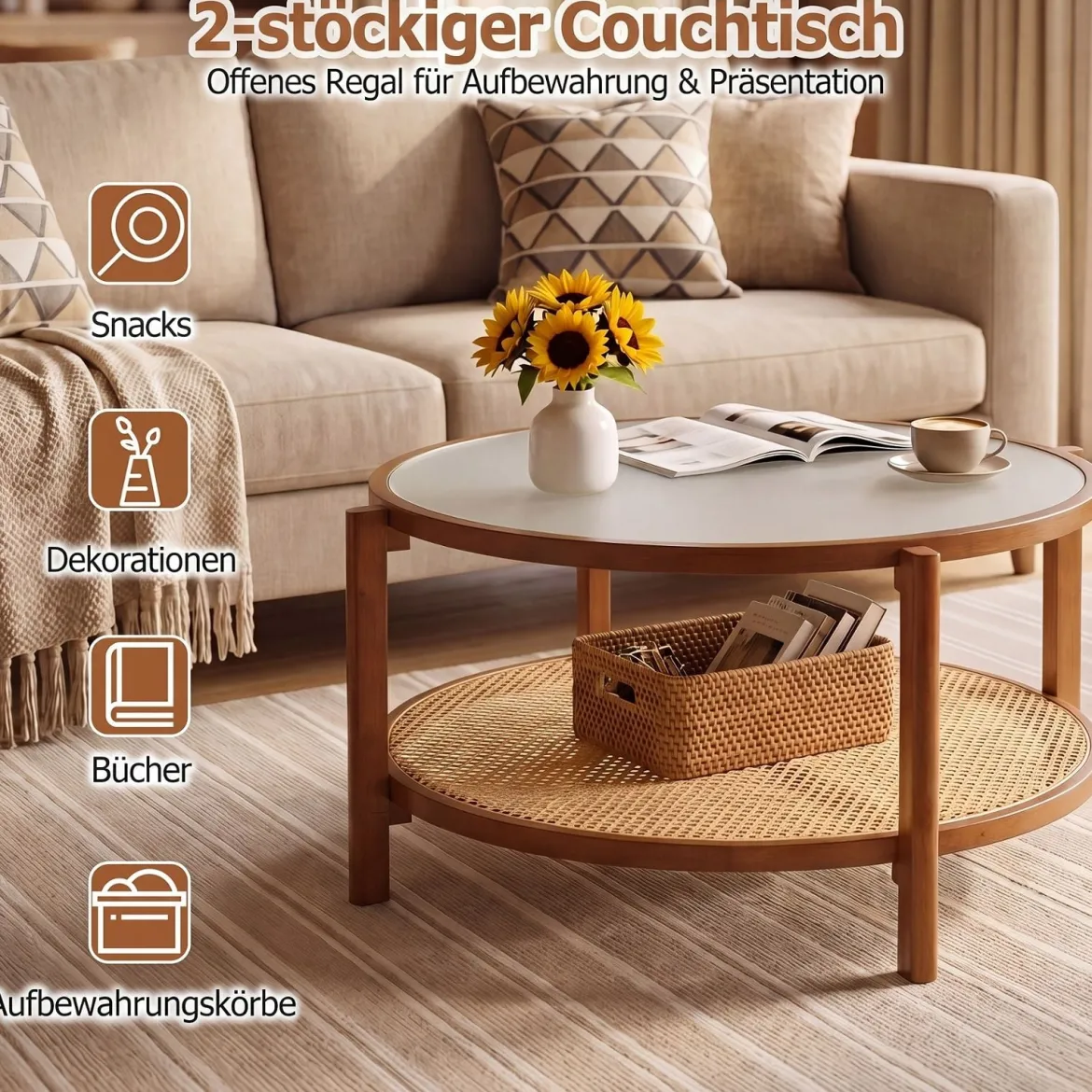 Couchtisch Rund 2-Ebenen Wohnzimmertisch Holz mit Glasplatte & Rattan Ablage Walnuss