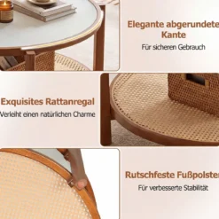 Couchtisch Rund 2-Ebenen Wohnzimmertisch Holz mit Glasplatte & Rattan Ablage Walnuss