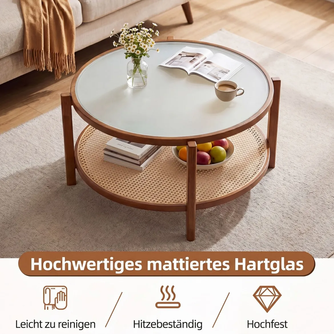 Couchtisch Rund 2-Ebenen Wohnzimmertisch Holz mit Glasplatte & Rattan Ablage Walnuss