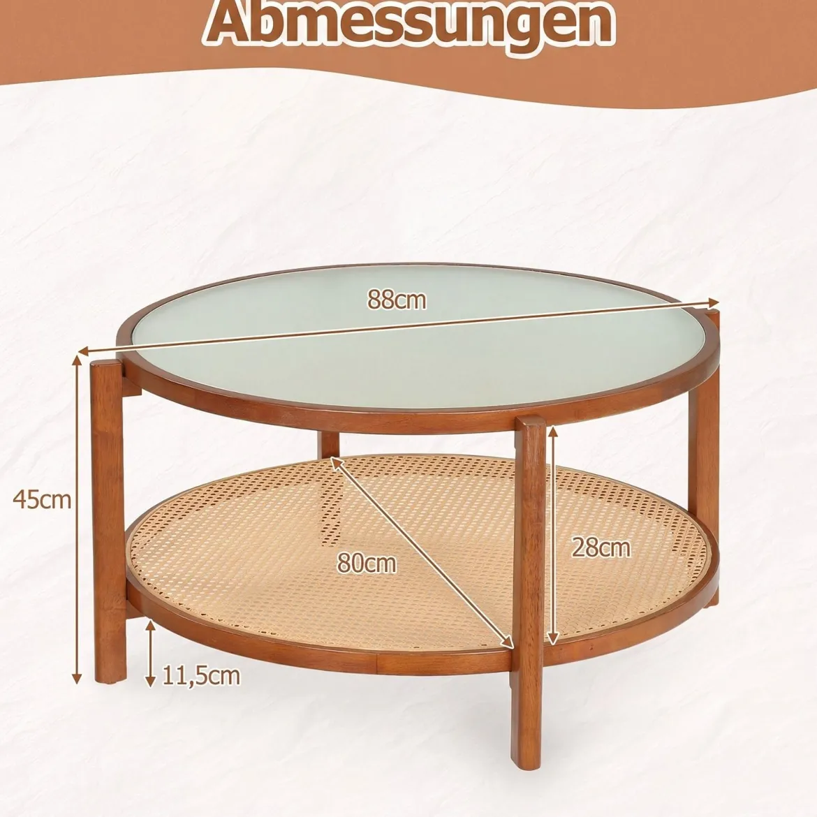 Couchtisch Rund 2-Ebenen Wohnzimmertisch Holz mit Glasplatte & Rattan Ablage Walnuss