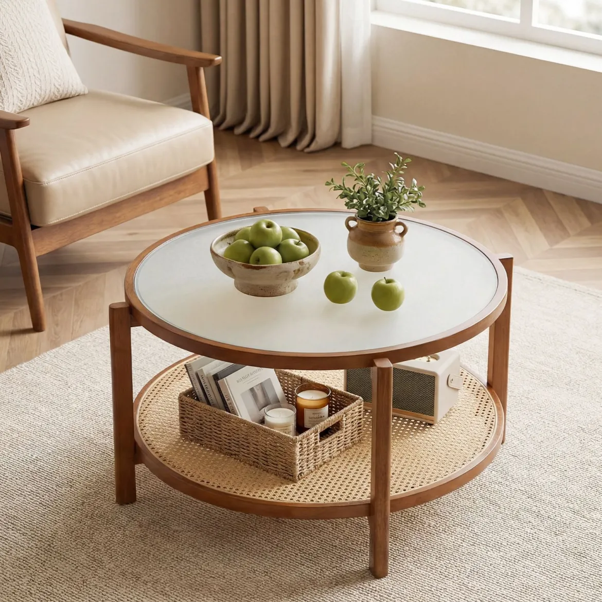 Couchtisch Rund 2-Ebenen Wohnzimmertisch Holz mit Glasplatte & Rattan Ablage Walnuss