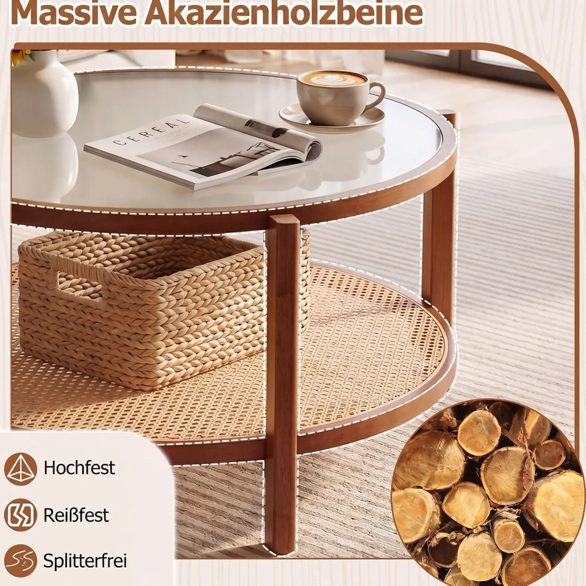 Couchtisch Rund 2-Ebenen Wohnzimmertisch Holz mit Glasplatte & Rattan Ablage Walnuss