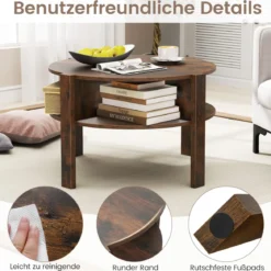 Couchtisch Rund mit Stauraum Wohnzimmertisch Holz mit 4 Regalen Kaffeetisch Beistelltisch für Wohnzimmer Braun