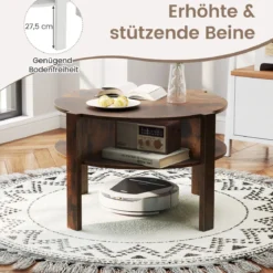 Couchtisch Rund mit Stauraum Wohnzimmertisch Holz mit 4 Regalen Kaffeetisch Beistelltisch für Wohnzimmer Braun