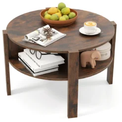 Couchtisch Rund mit Stauraum Wohnzimmertisch Holz mit 4 Regalen Kaffeetisch Beistelltisch für Wohnzimmer Braun