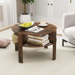 Couchtisch Rund mit Stauraum Wohnzimmertisch Holz mit 4 Regalen Kaffeetisch Beistelltisch für Wohnzimmer Braun
