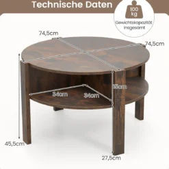 Couchtisch Rund mit Stauraum Wohnzimmertisch Holz mit 4 Regalen Kaffeetisch Beistelltisch für Wohnzimmer Braun