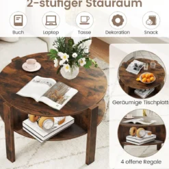 Couchtisch Rund mit Stauraum Wohnzimmertisch Holz mit 4 Regalen Kaffeetisch Beistelltisch für Wohnzimmer Braun