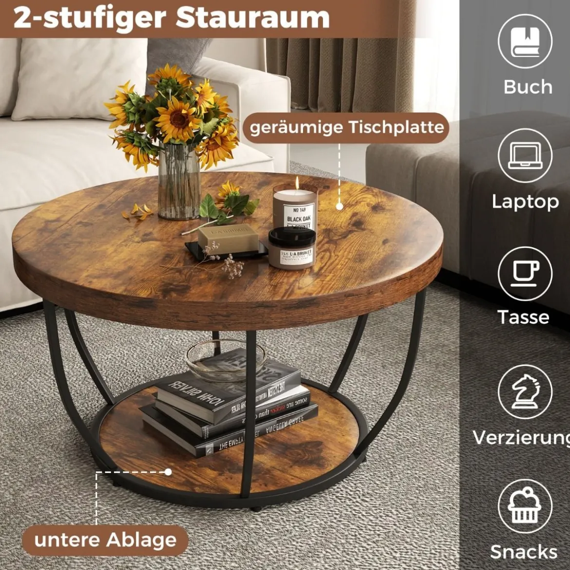 Couchtisch rund Sofatisch Holz mit 2 Ebenen & Metallrahmen Wohnzimmertisch Kafeetisch Natur/Rustikales Braun/Weiß