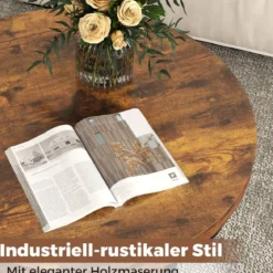 Couchtisch rund Sofatisch Holz mit 2 Ebenen & Metallrahmen Wohnzimmertisch Kafeetisch Natur/Rustikales Braun/Weiß