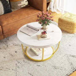 Couchtisch rund Sofatisch Holz mit 2 Ebenen & Metallrahmen Wohnzimmertisch Kafeetisch Natur/Rustikales Braun/Weiß