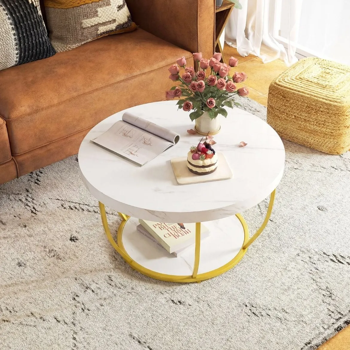 Couchtisch rund Sofatisch Holz mit 2 Ebenen & Metallrahmen Wohnzimmertisch Kafeetisch Natur/Rustikales Braun/Weiß