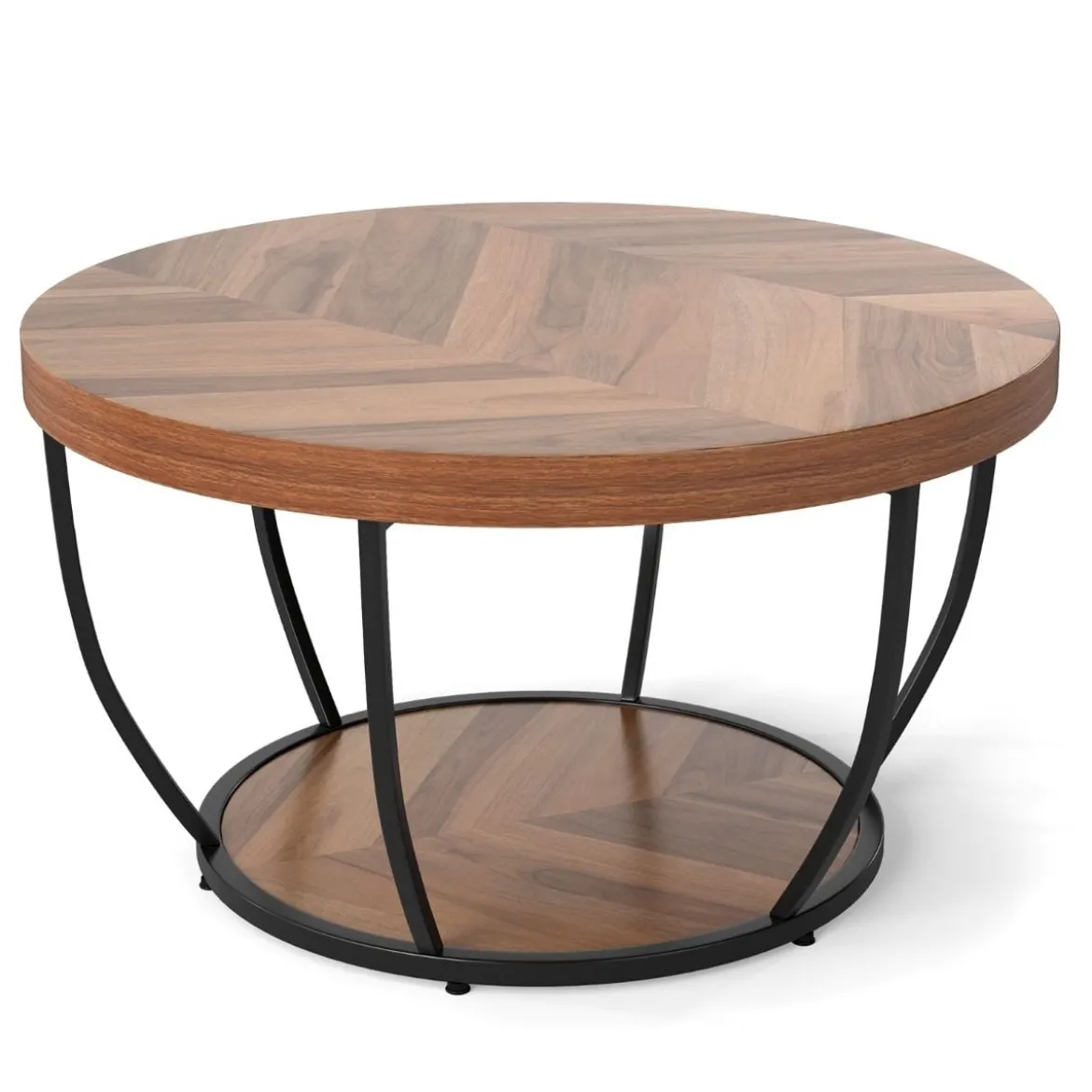 Couchtisch rund Sofatisch Holz mit 2 Ebenen & Metallrahmen Wohnzimmertisch Kafeetisch Natur/Rustikales Braun/Weiß