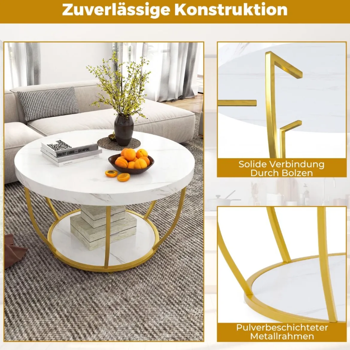 Couchtisch rund Sofatisch Holz mit 2 Ebenen & Metallrahmen Wohnzimmertisch Kafeetisch Natur/Rustikales Braun/Weiß