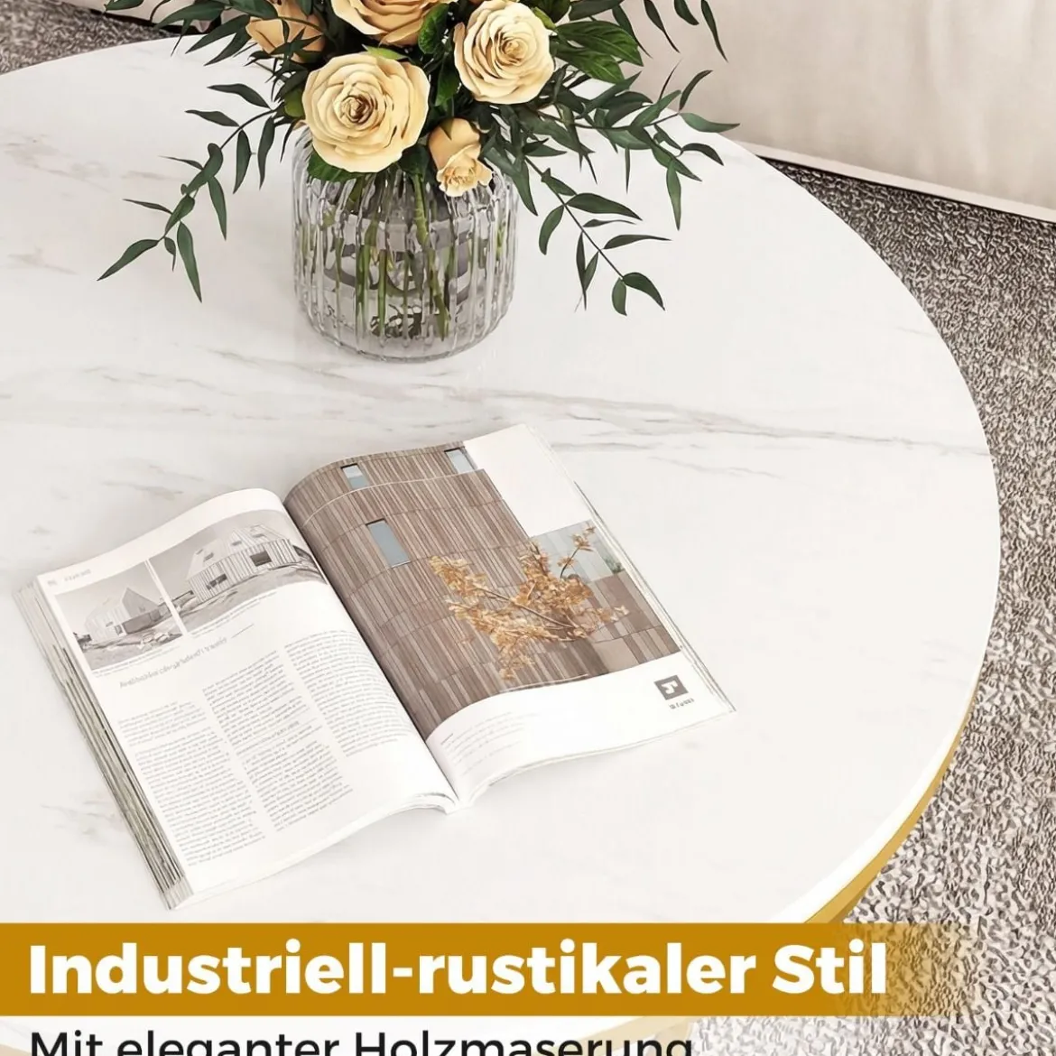 Couchtisch rund Sofatisch Holz mit 2 Ebenen & Metallrahmen Wohnzimmertisch Kafeetisch Natur/Rustikales Braun/Weiß