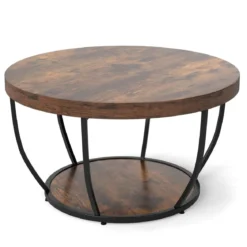 Couchtisch rund Sofatisch Holz mit 2 Ebenen & Metallrahmen Wohnzimmertisch Kafeetisch Natur/Rustikales Braun/Weiß