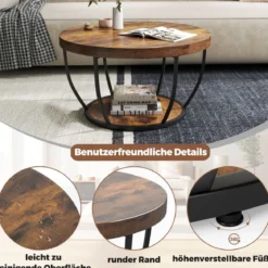 Couchtisch rund Sofatisch Holz mit 2 Ebenen & Metallrahmen Wohnzimmertisch Kafeetisch Natur/Rustikales Braun/Weiß