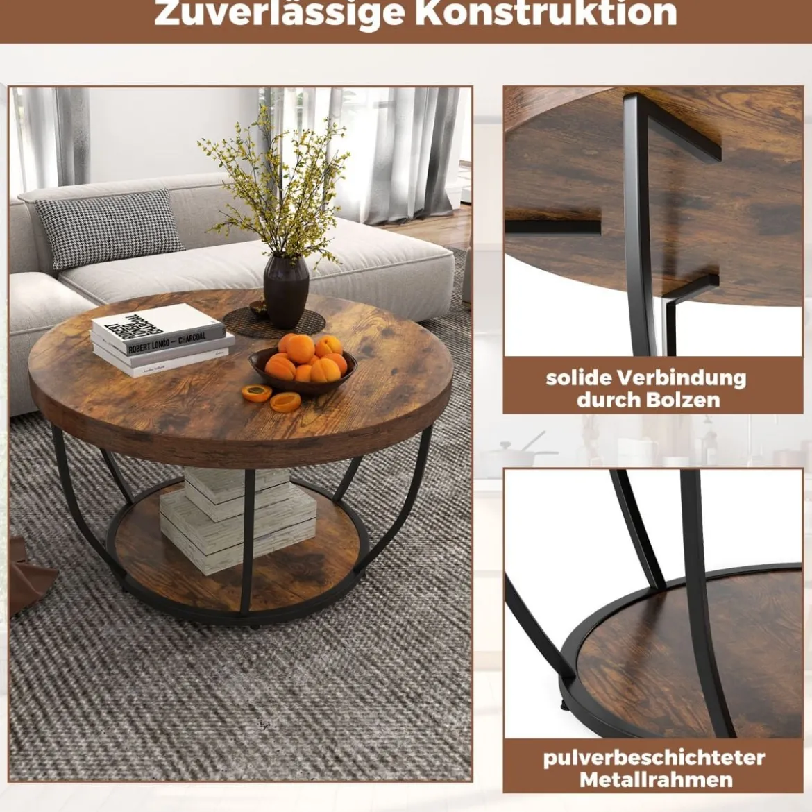 Couchtisch rund Sofatisch Holz mit 2 Ebenen & Metallrahmen Wohnzimmertisch Kafeetisch Natur/Rustikales Braun/Weiß