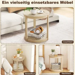 Couchtisch rund Wohnzimmertisch mit 2 Ebenen Sofatisch Gummiholz Kafeetisch Beistelltisch im Landhaus Eiche