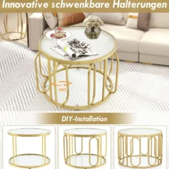 Couchtisch Rund Wohnzimmertisch mit 2 Glasplatten & Drehbares Metallgestell transformierbar Gesamttragfähigkeit von 30 kg