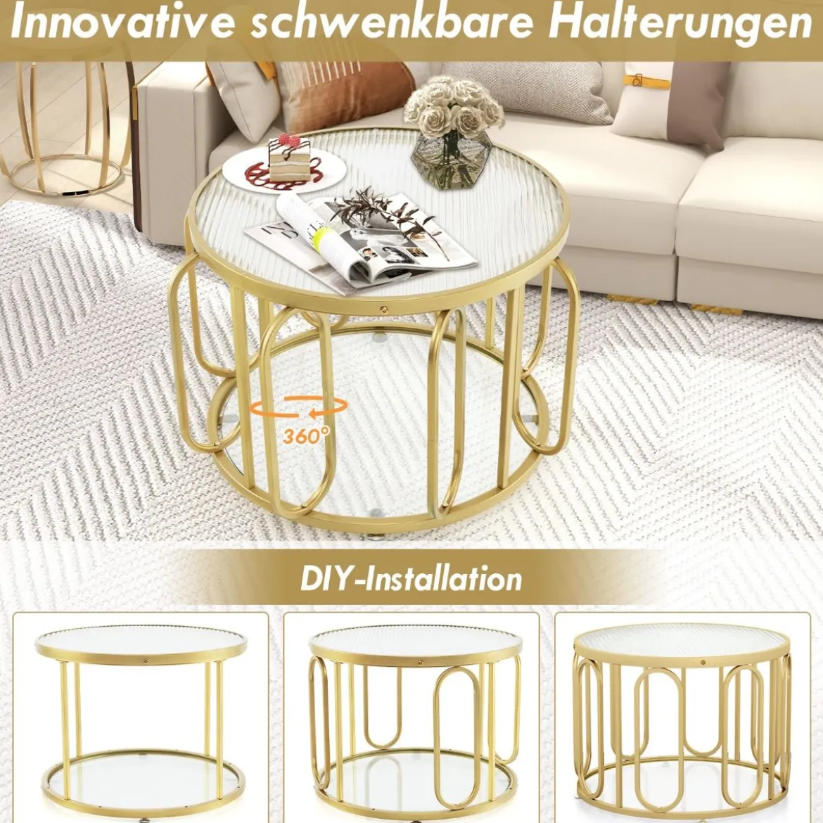 Couchtisch Rund Wohnzimmertisch mit 2 Glasplatten & Drehbares Metallgestell transformierbar Gesamttragfähigkeit von 30 kg