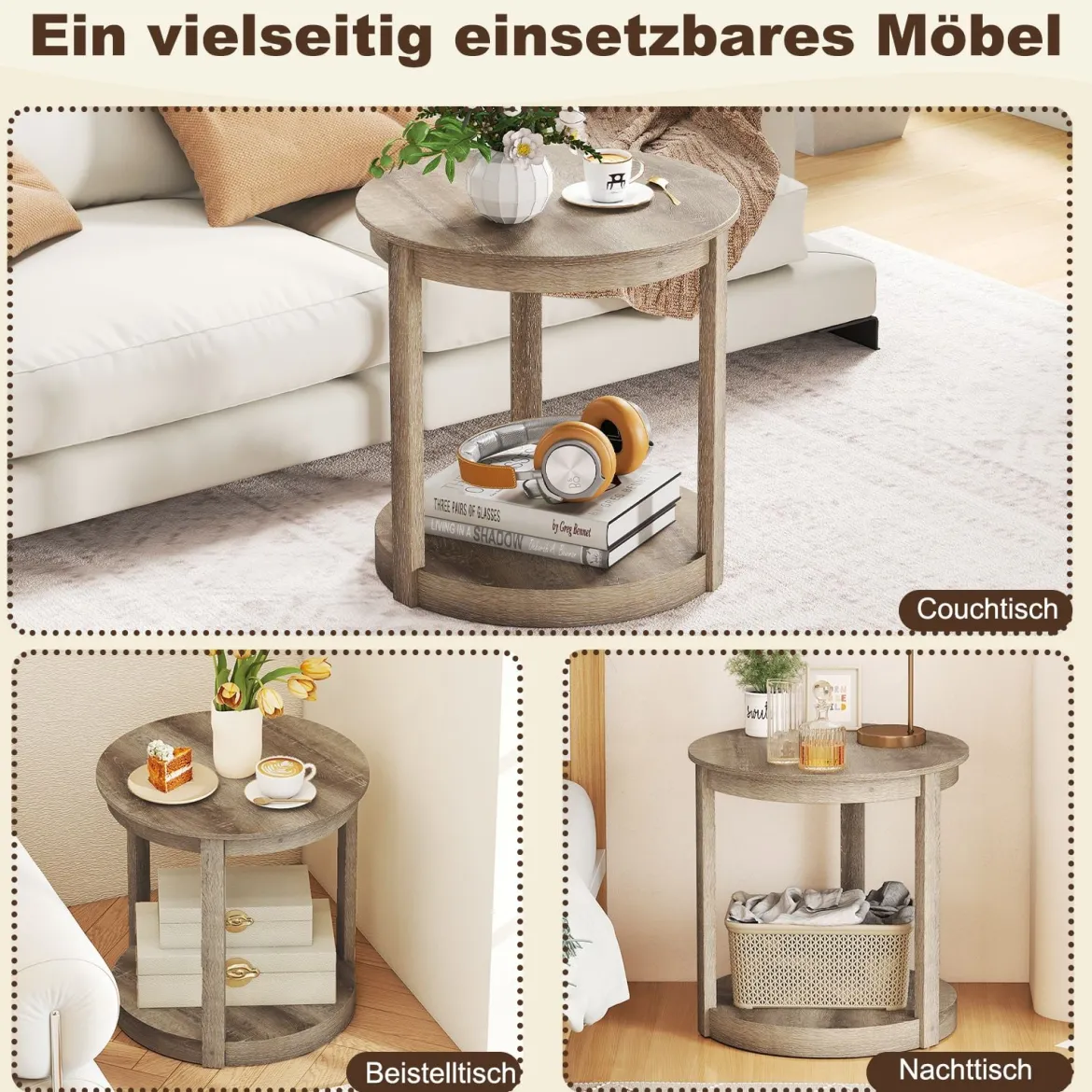 Couchtisch rund Wohnzimmertisch mit 2 Ebenen Sofatisch Gummiholz Kafeetisch Beistelltisch im Landhaus Grau