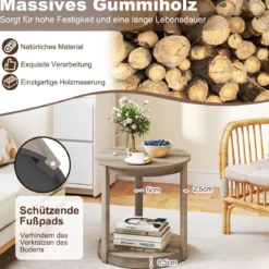 Couchtisch rund Wohnzimmertisch mit 2 Ebenen Sofatisch Gummiholz Kafeetisch Beistelltisch im Landhaus Grau