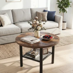 Couchtisch Rund Wohnzimmertisch mit Offenem Regal Sofatisch 60 x 60 x 42 cm Rustikalbraun