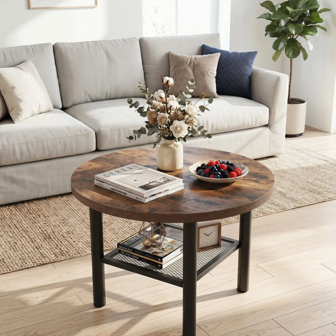 Couchtisch Rund Wohnzimmertisch mit Offenem Regal Sofatisch 60 x 60 x 42 cm Rustikalbraun