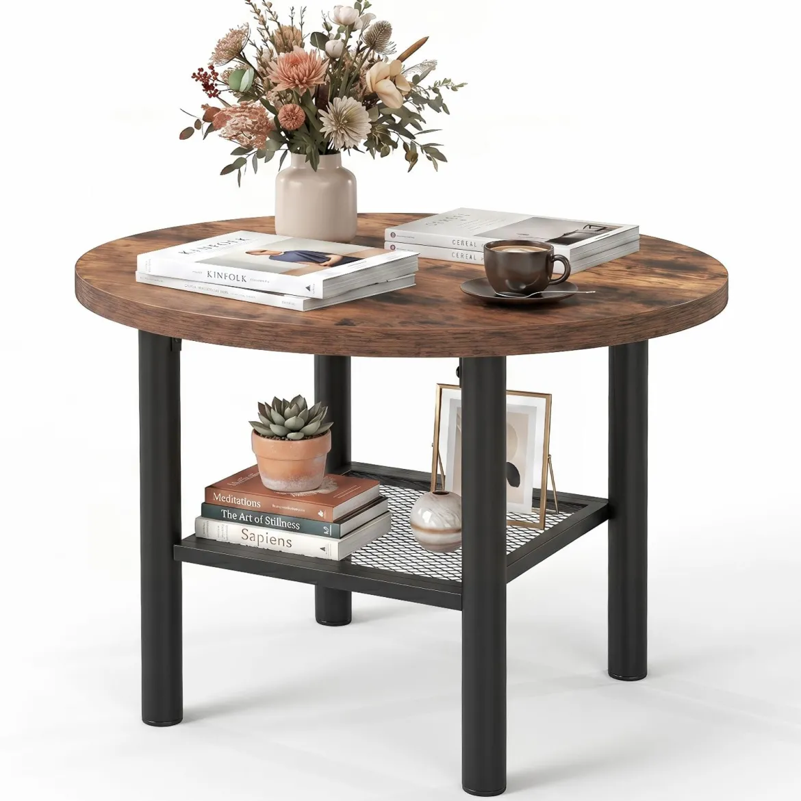 Couchtisch Rund Wohnzimmertisch mit Offenem Regal Sofatisch 60 x 60 x 42 cm Rustikalbraun
