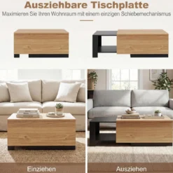 Couchtisch Wohnzimmertisch mit Ausziehbarer Schublade & Verstecktem Geheimfach Rechteckiger Kaffeetisch