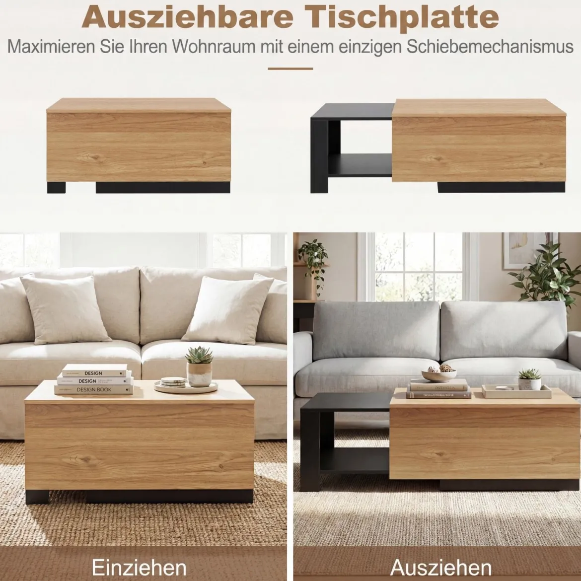 Couchtisch Wohnzimmertisch mit Ausziehbarer Schublade & Verstecktem Geheimfach Rechteckiger Kaffeetisch
