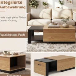 Couchtisch Wohnzimmertisch mit Ausziehbarer Schublade & Verstecktem Geheimfach Rechteckiger Kaffeetisch