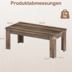Couchtisch 120 x 60 cm Rechteckiger Wohnzimmertisch Sofatisch mit Stützbeinen bis 110 kg Belastbar Braun