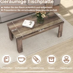 Couchtisch 120 x 60 cm Rechteckiger Wohnzimmertisch Sofatisch mit Stützbeinen bis 110 kg Belastbar Braun