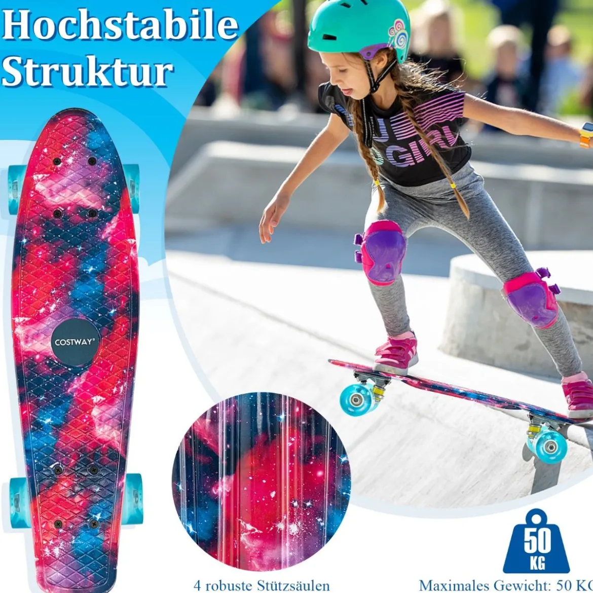 Cruiser-Skateboard 56 cm Langes Mini-Skateboard mit PU-Rädern Rosa