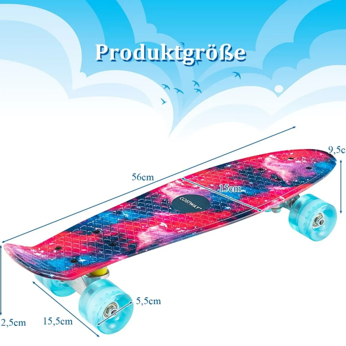 Cruiser-Skateboard 56 cm Langes Mini-Skateboard mit PU-Rädern Rosa