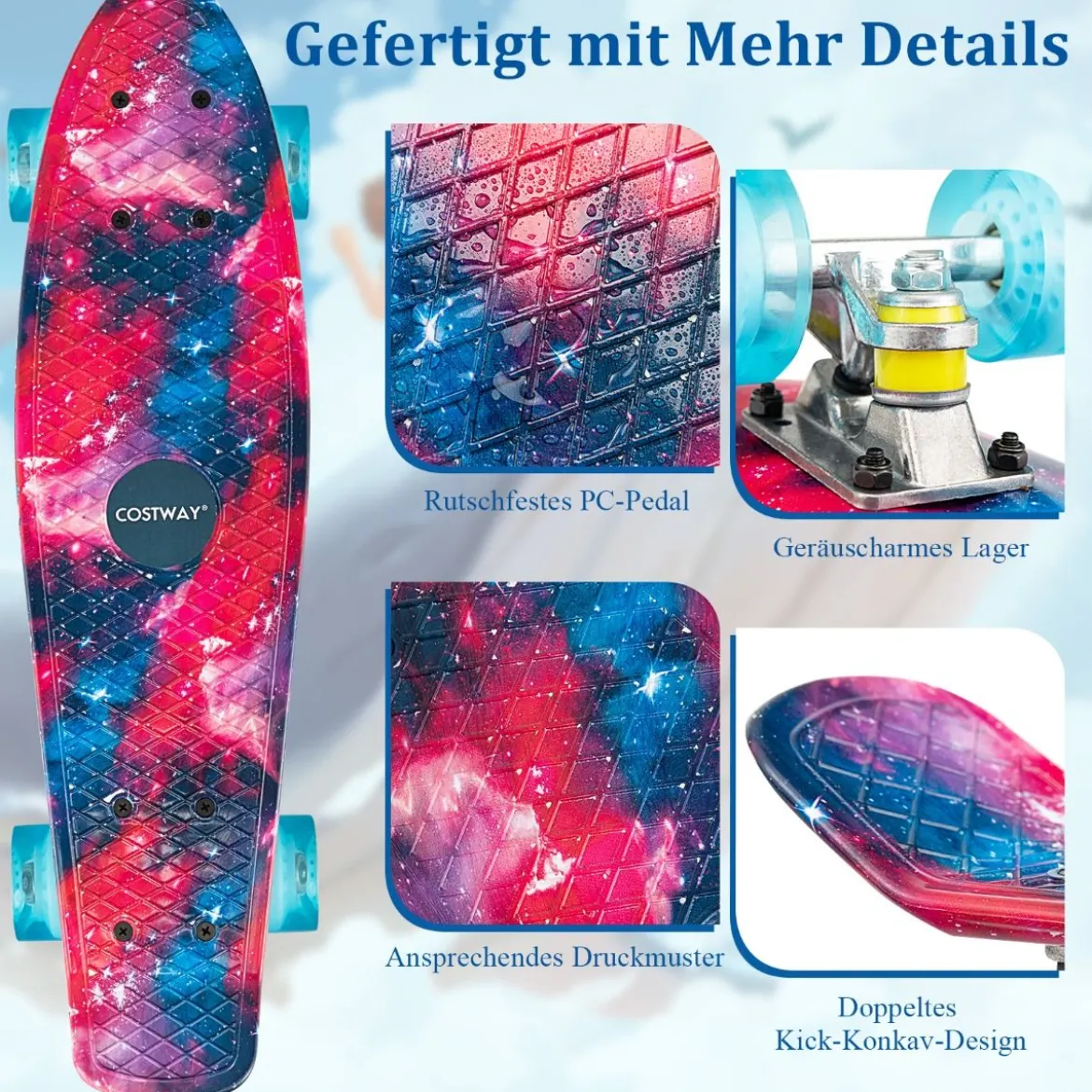 Cruiser-Skateboard 56 cm Langes Mini-Skateboard mit PU-Rädern Rosa