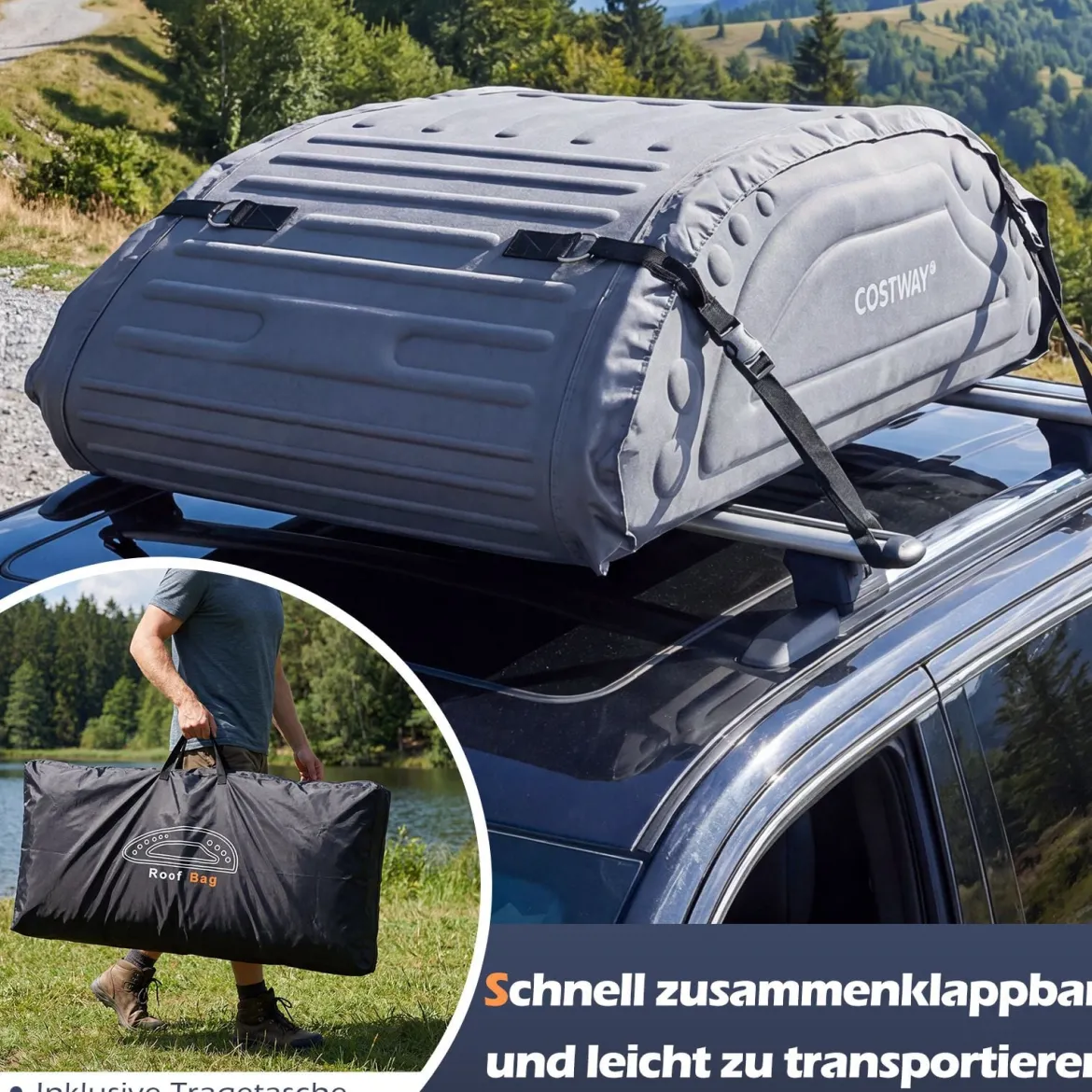 Dach-Box mit 400 Liter Kapazität Wetterbeständiger Dachkoffer mit Soft-Shell Verkleidung Grau